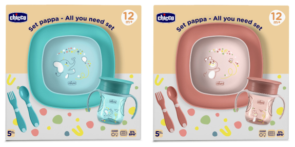 Set jedálenský - miska, tanier, fľaša a príbor 12 m+ Chicco