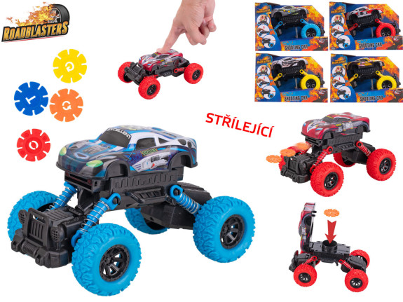 Roadblasters kovové auto s veľkými kolesami – 17 cm, zotrvačník, strieľajúce disky