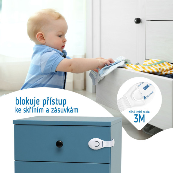 Bezpečnostný zámok (opasok) na skrinky a zásvuky, sada 10 ks textilná-biela Sipo