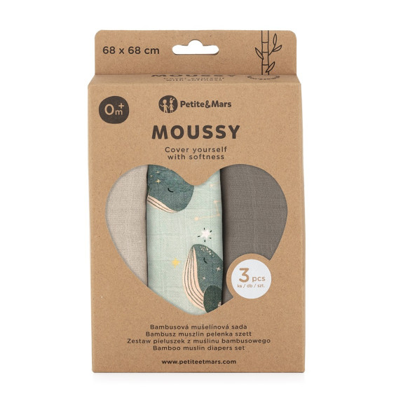Súprava plienok bambusová mušelínová 3 ks Moussy 68 x 68 cm Petite&Mars
