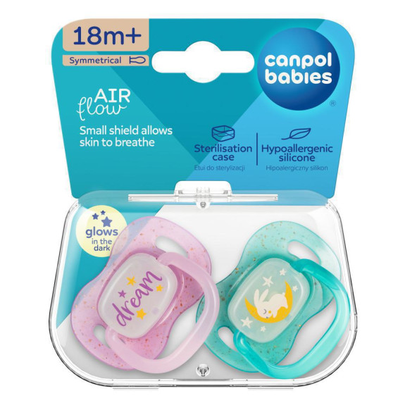 Cumlík svietiaci silikónový symetrický Nightglow Canpol babies 18 m+ 2 ks
