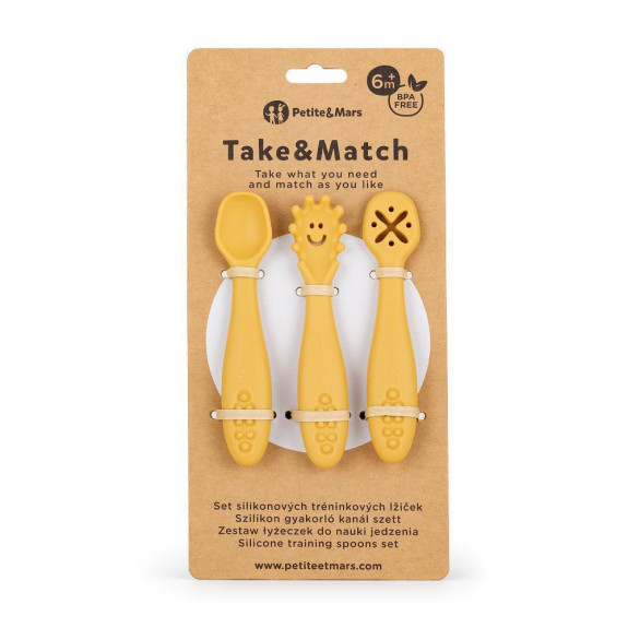 Set 3 ks silikónových tréningových lyžičiek Take&Match 6 m+ Petite & Mars