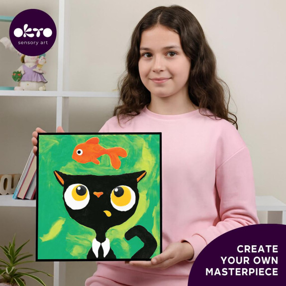 Čierna mačka s rybkou výtvarná sada maľovanie hmotou podľa čísel 29 x 29 cm Okto