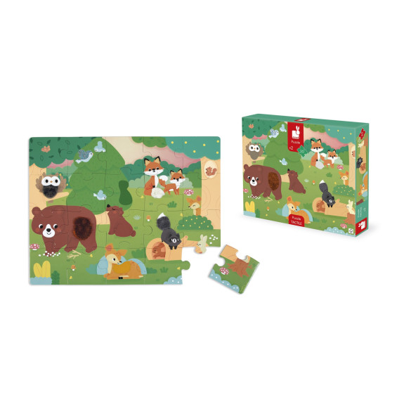 Puzzle dotykové senzorické Les s rôznymi povrchmi 20 ks Janod