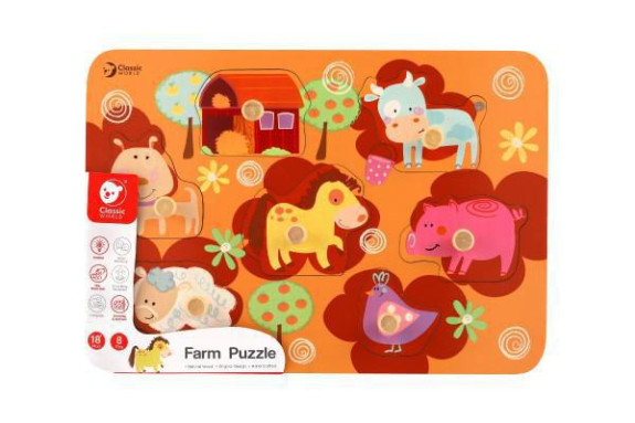Vkladačka doskové obrysové puzzle farma drevo 18m+