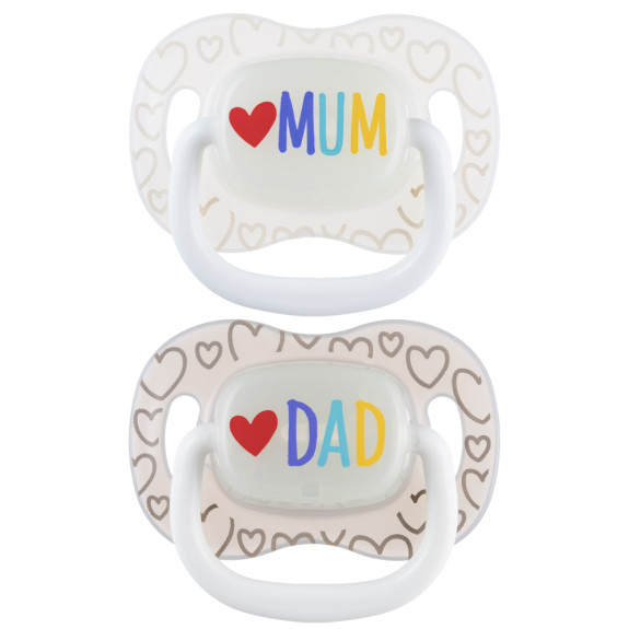 Cumlík svietiaci silikónový symetrický Love Mum & Dad 6 - 18 m, 2 ks Canpol babies