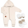 Bavlnený overal s kapucňou, rukavičky, topánky, 3D sada Sv. béžový Baby Nellys